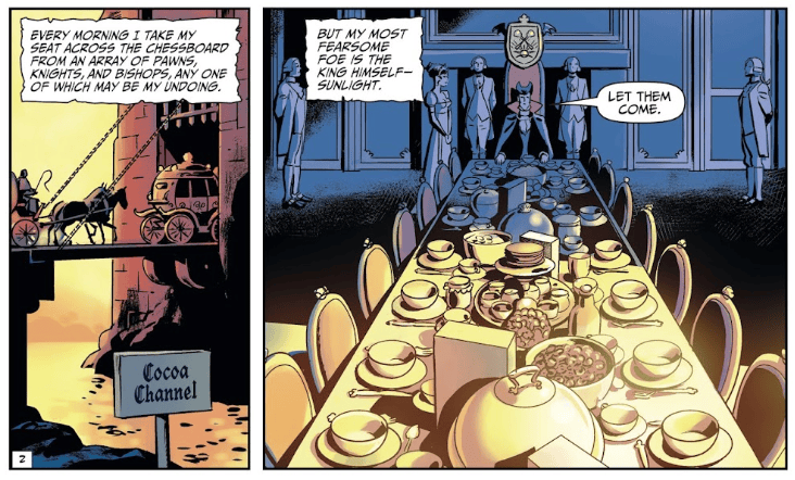 A comic panel depicting a medieval scene with a horse-drawn carriage arriving at a castle entrance, and a dining table set for a feast with various dishes and silverware.